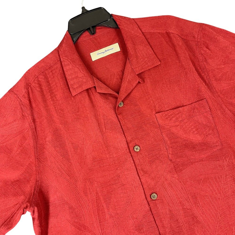 Tommy Bahama Silk Shirt Mens L Tropical Palm Leaf Jacquard Resortwear Button Up